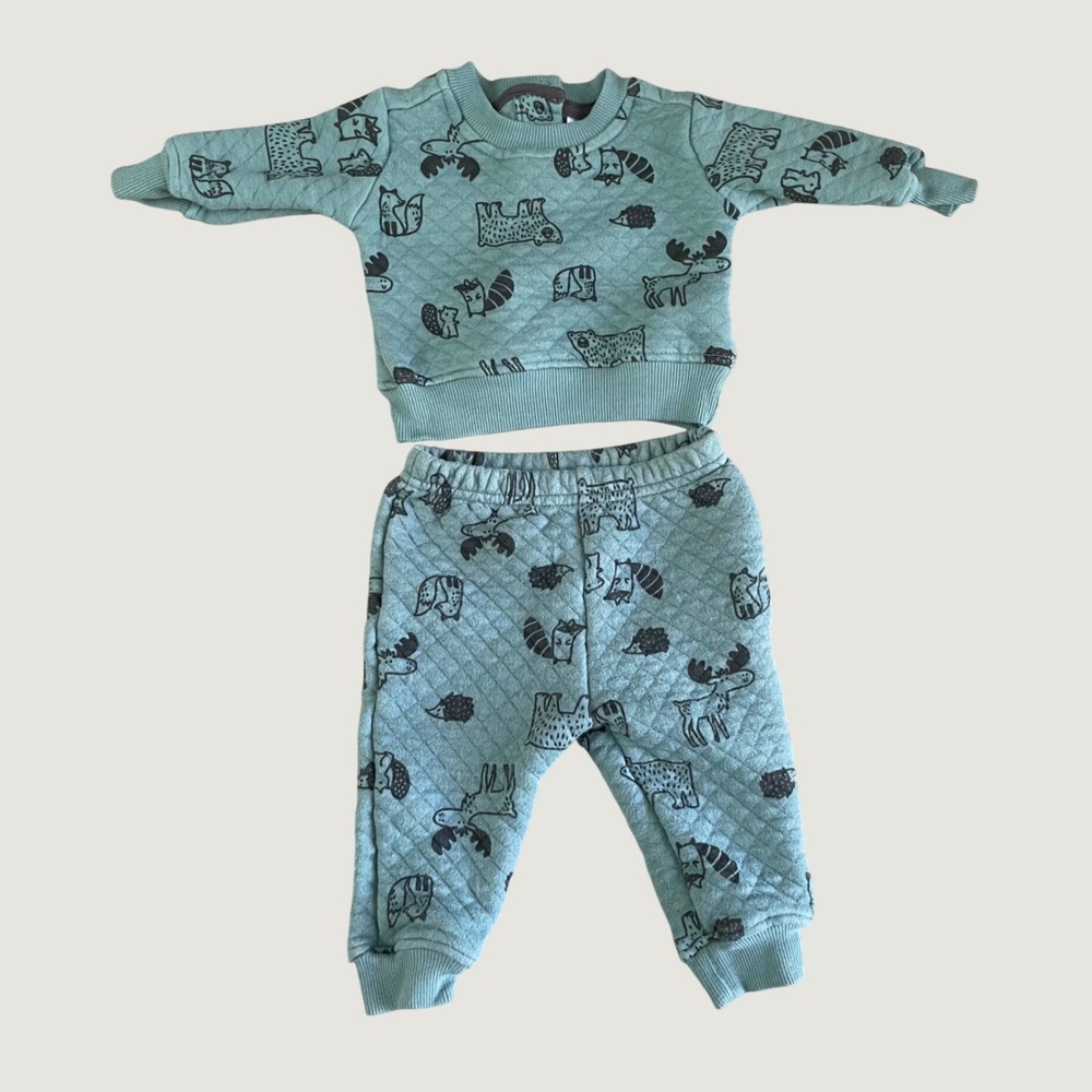 Koala Kids Baby 3Mโ Quilted Matching Set Forest Animals Sage Green Pants Sweater
